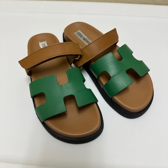 STEVE MADDEN Women’s Mayven Green Brown Black Open Toe Slide Sandals Size 6 - Picture 1 of 8